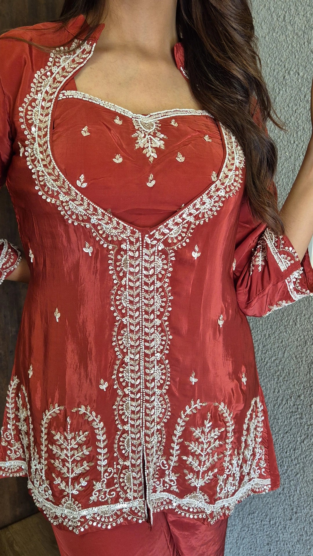 Coral Red Deep Neck Kurta Pant Set with Bustier | Pearl & Sequin Embroidery | Crepe Festive Wear