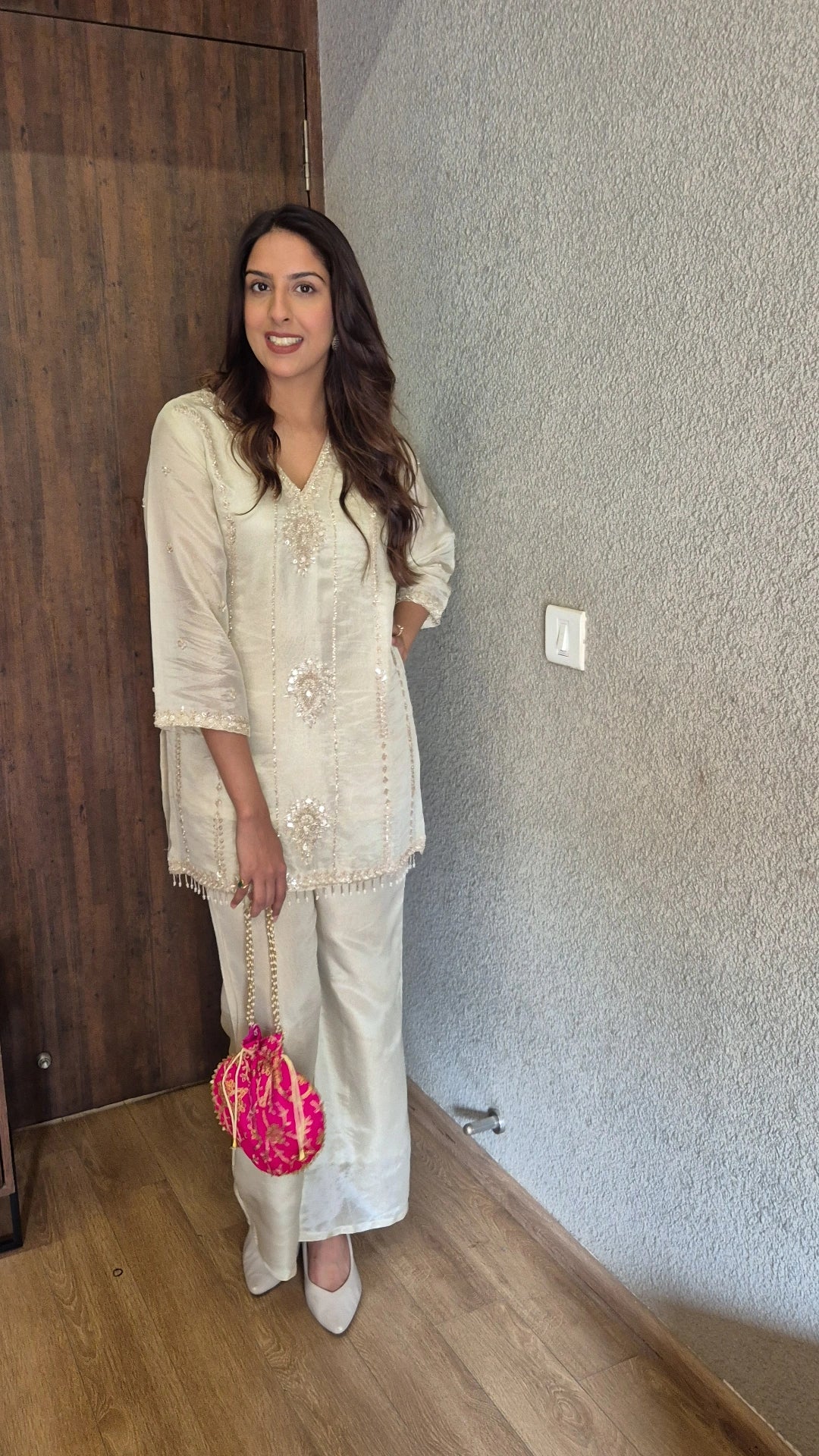 Off White Short Kurti Palazzo Co-ord Set | Pearl & Sequin Embroidery