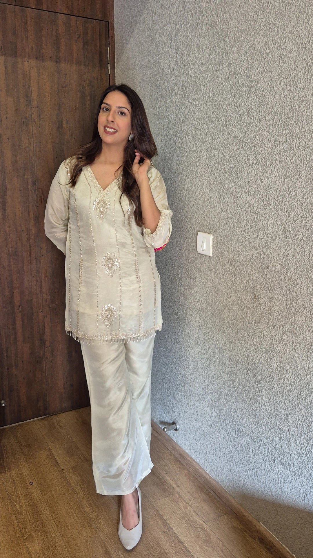 Off White Short Kurti Palazzo Co-ord Set | Pearl & Sequin Embroidery