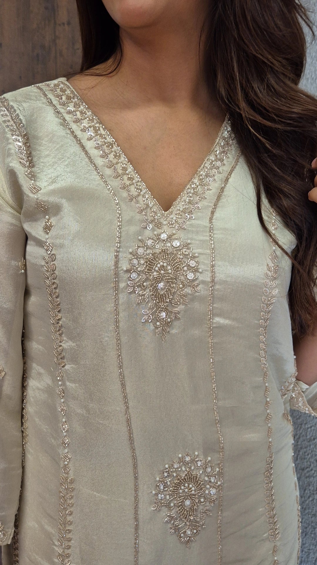 Off White Short Kurti Palazzo Co-ord Set | Pearl & Sequin Embroidery