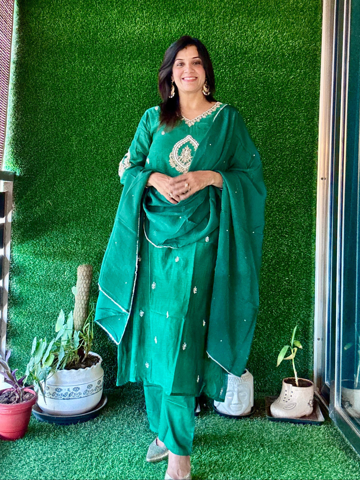 Green – Royal Zardozi Embroidered A-Line Kurta Pant Dupatta Set |  Banarasi Mul Chanderi