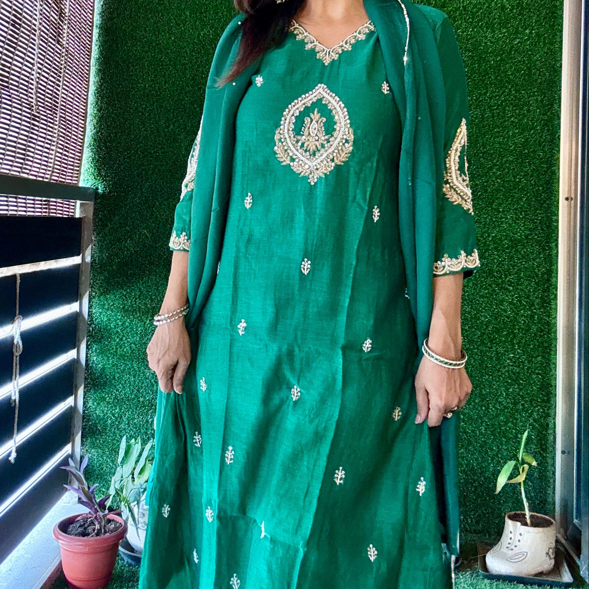 Green – Royal Zardozi Embroidered A-Line Kurta Pant Dupatta Set |  Banarasi Mul Chanderi