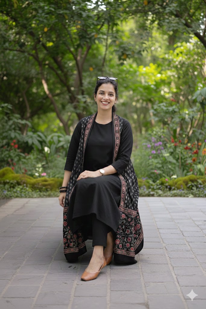 Black A-Line Kurta Pant Set with Printed Sleeveless Shrug