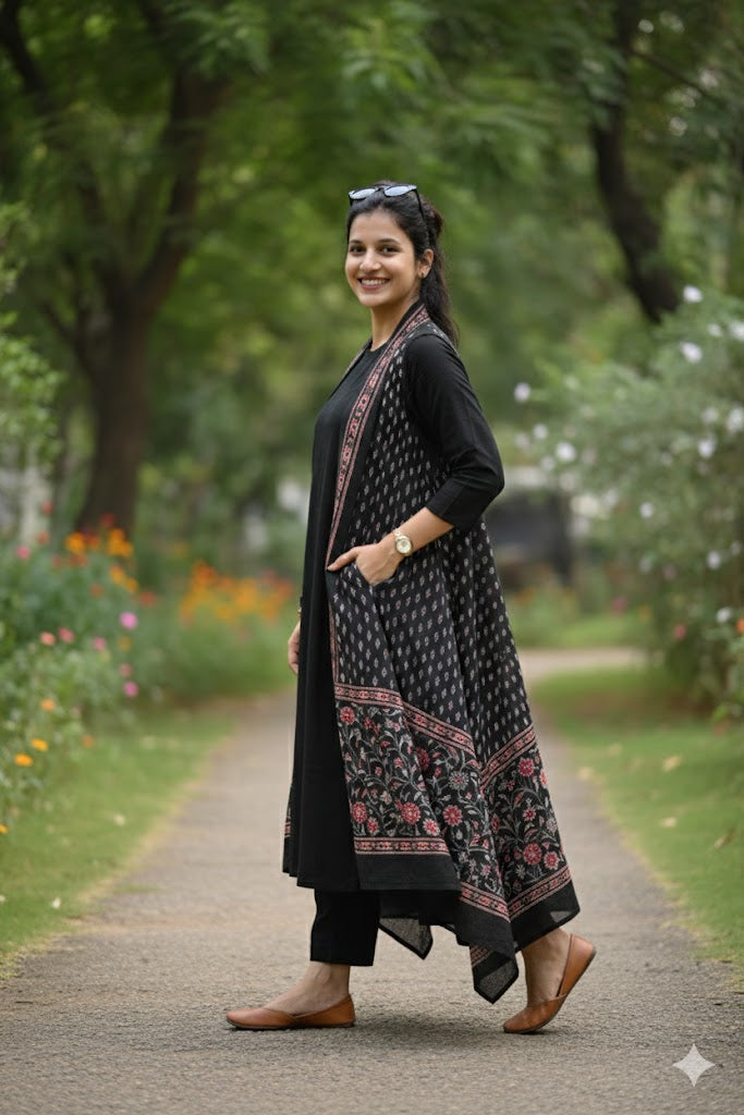 Black A-Line Kurta Pant Set with Printed Sleeveless Shrug
