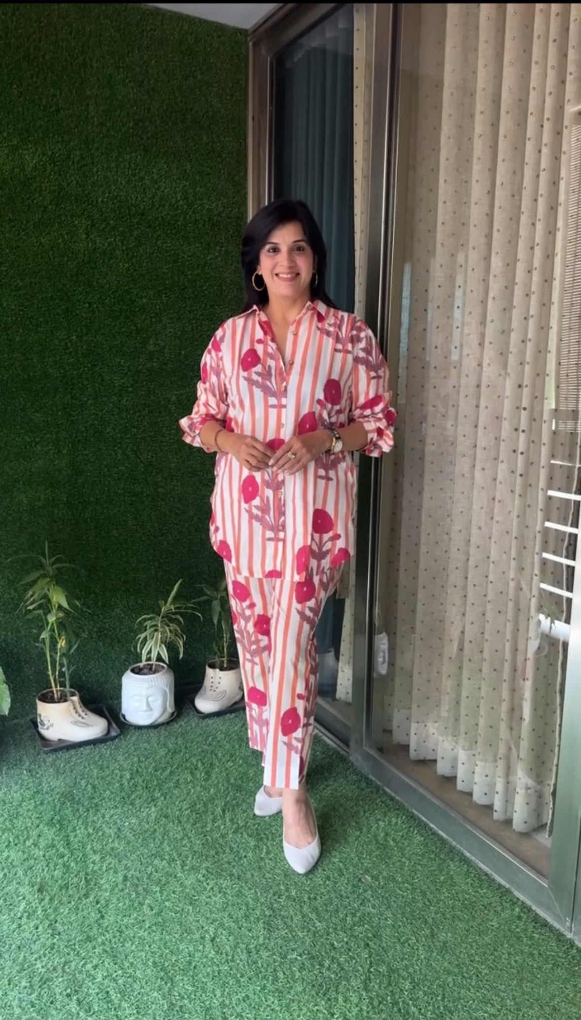 Pink Block Printed Collar Neck Shirt & Trouser Co-Ord Set | Stripe & Floral Print