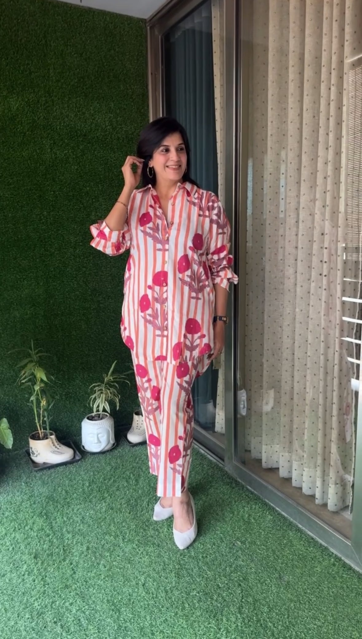 Pink Block Printed Collar Neck Shirt & Trouser Co-Ord Set | Stripe & Floral Print