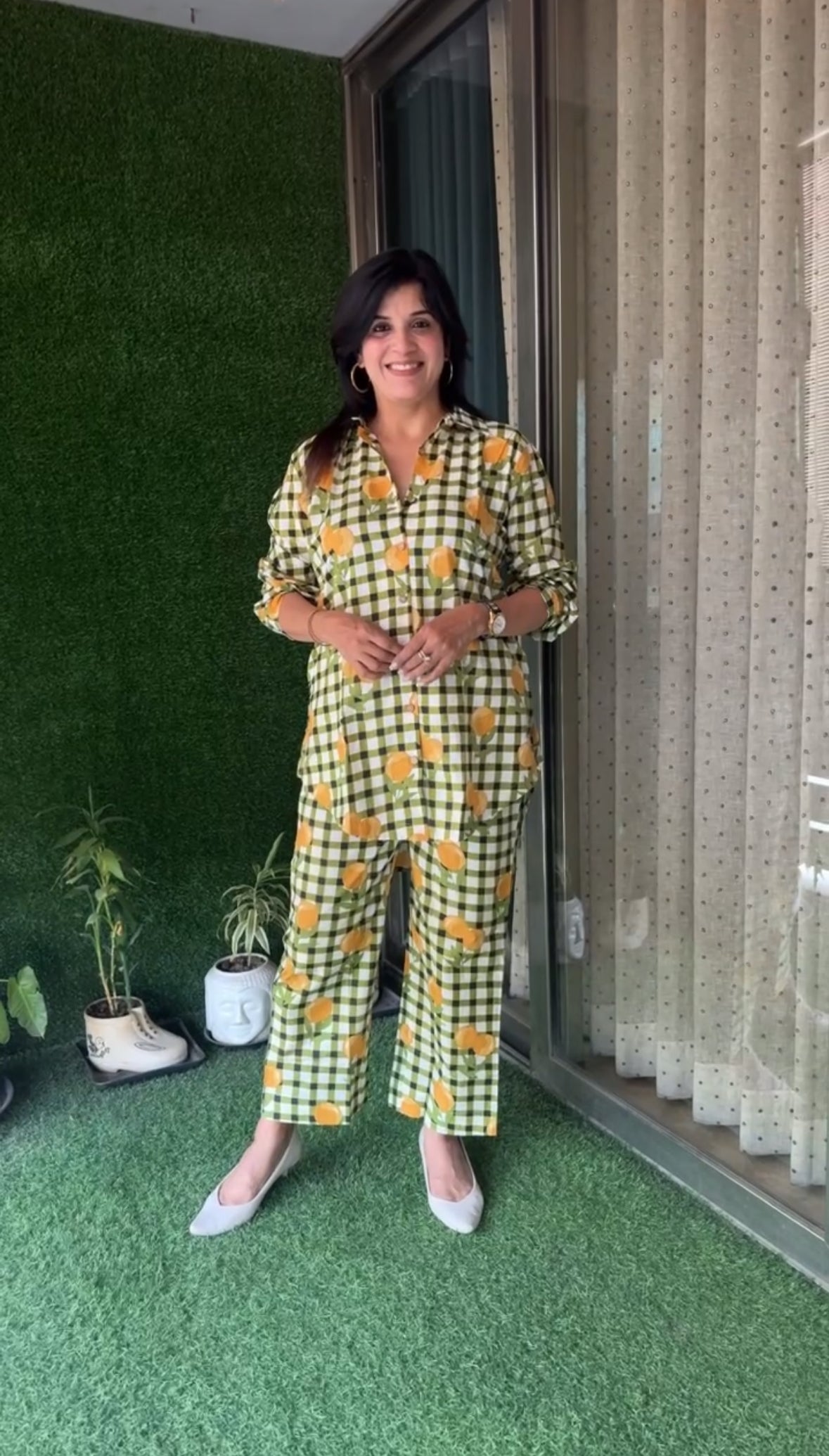 Green Block Printed Collar Neck Shirt & Trouser Co-Ord Set | Check & Floral Print