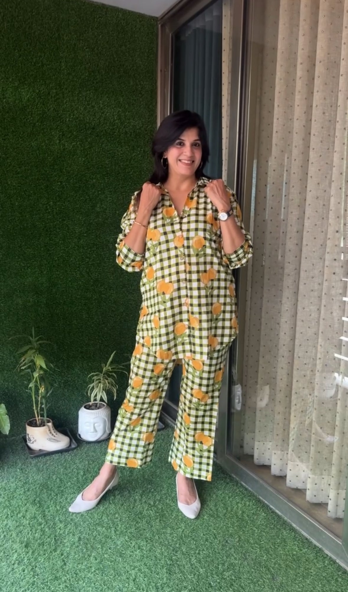 Green Block Printed Collar Neck Shirt & Trouser Co-Ord Set | Check & Floral Print