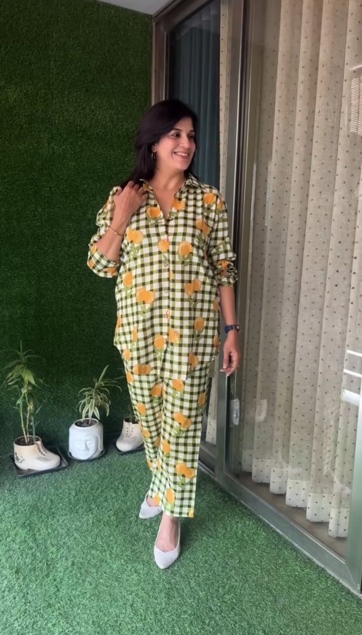 Green Block Printed Collar Neck Shirt & Trouser Co-Ord Set | Check & Floral Print