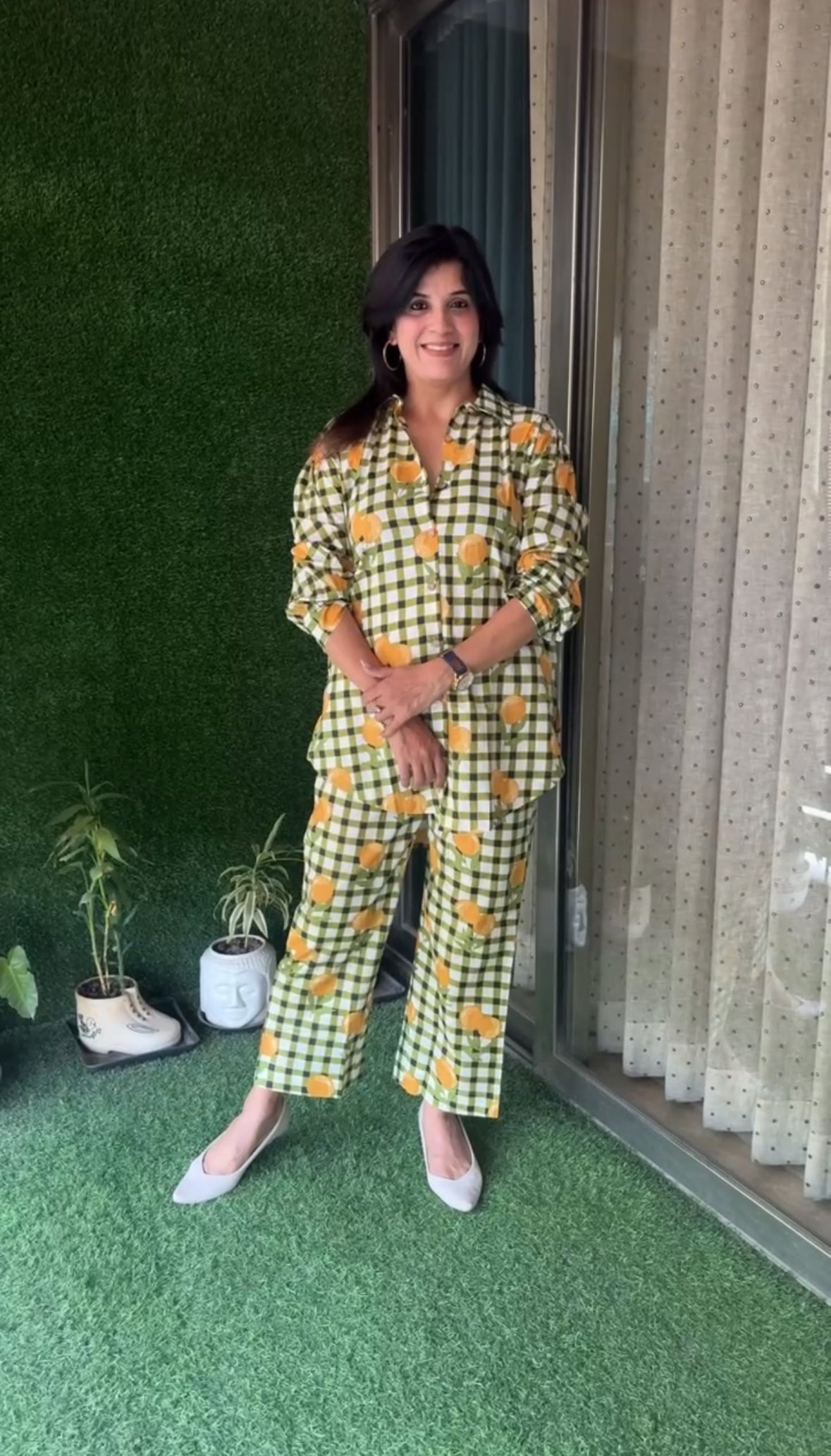 Green Block Printed Collar Neck Shirt & Trouser Co-Ord Set | Check & Floral Print