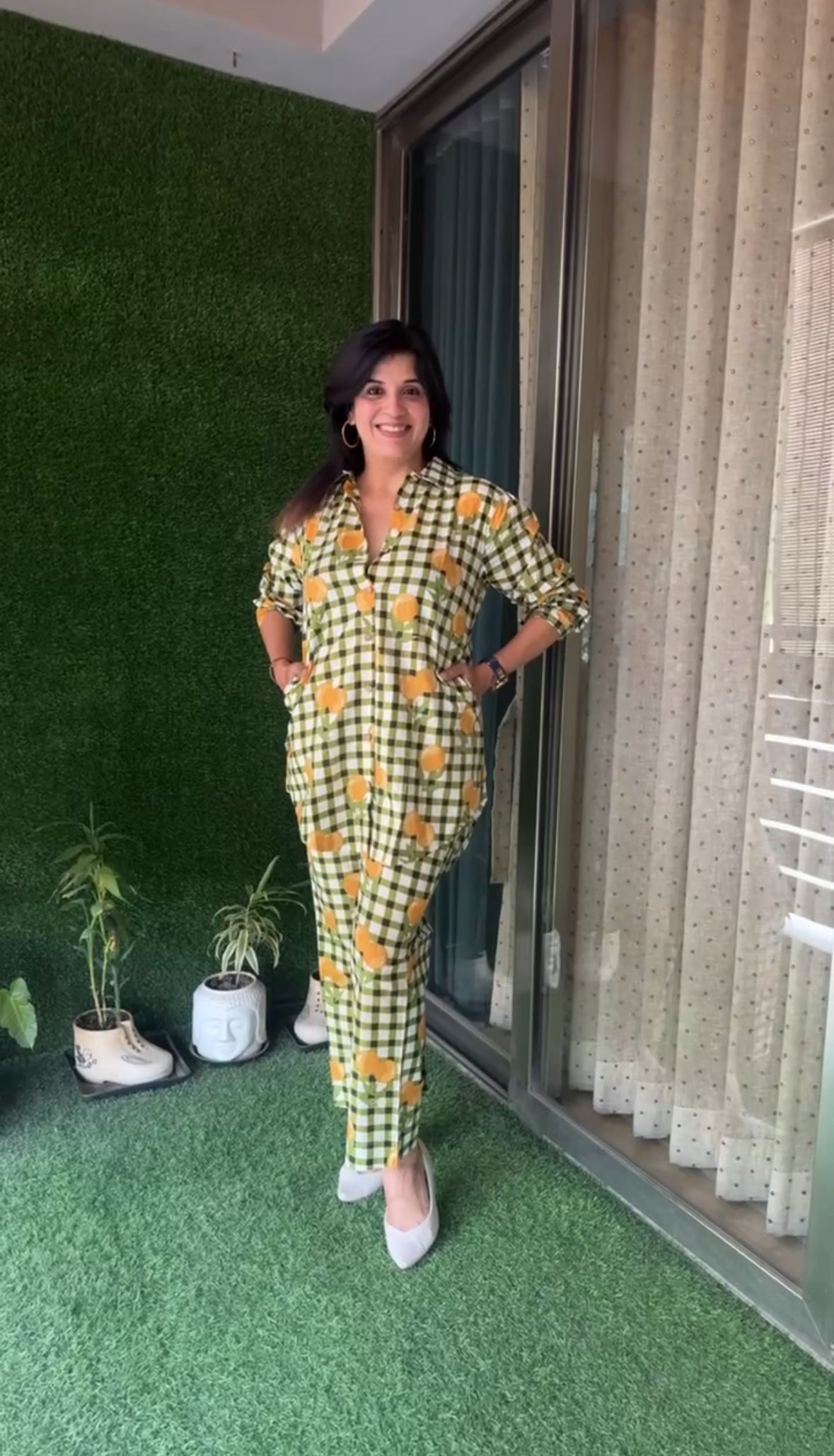 Green Block Printed Collar Neck Shirt & Trouser Co-Ord Set | Check & Floral Print