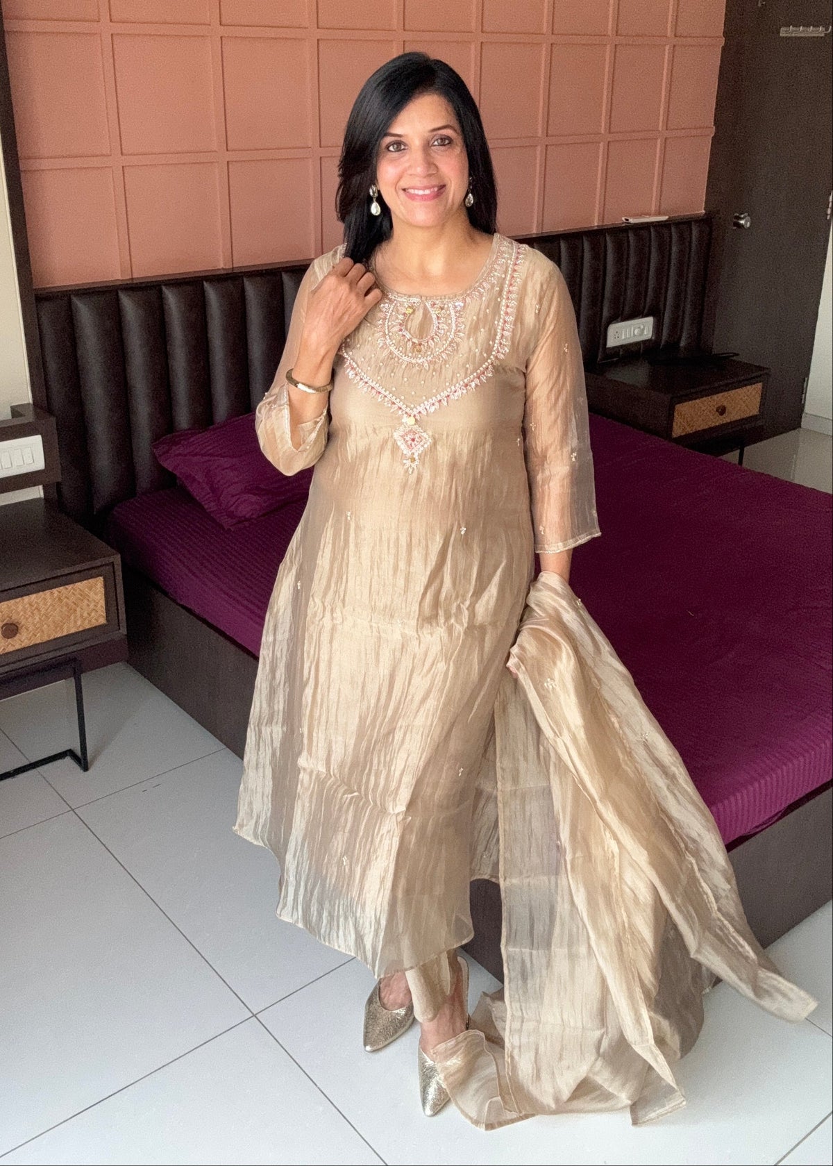 Beige Pearl & Sequin Embroidered A-Line Kurta Pant & Dupatta Set | Crush Tissue