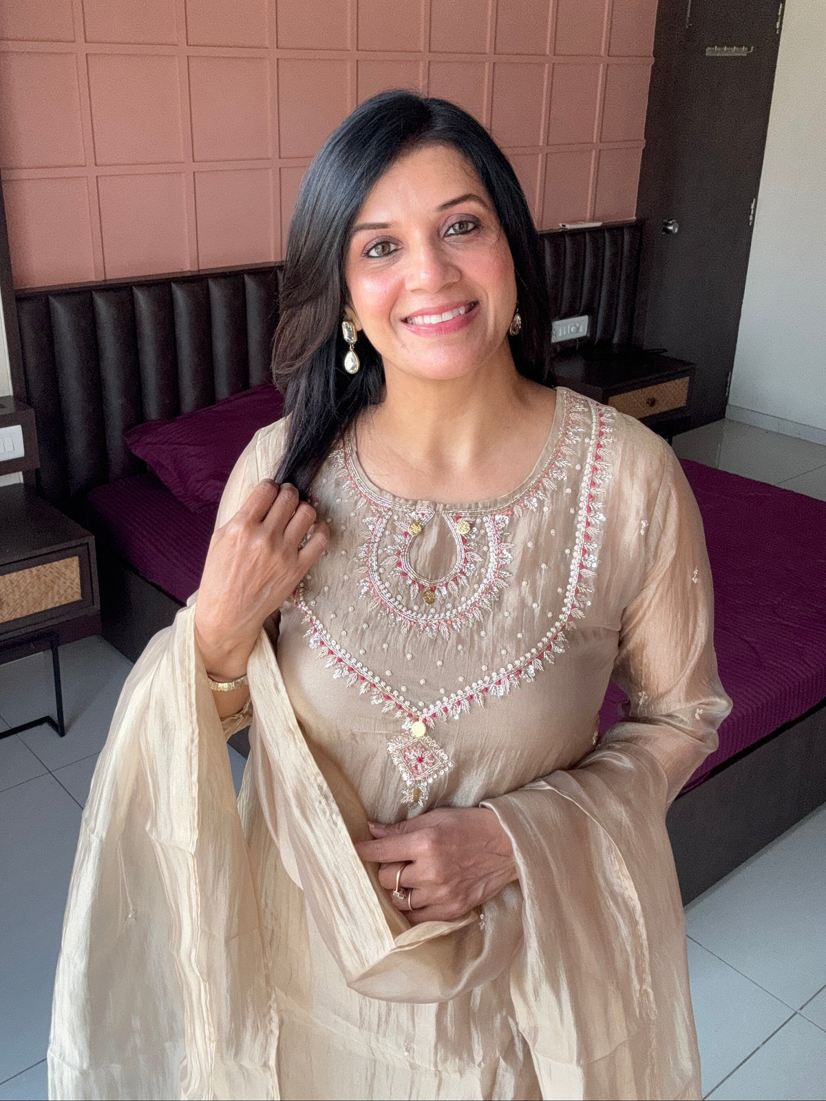 Beige Pearl & Sequin Embroidered A-Line Kurta Pant & Dupatta Set | Crush Tissue