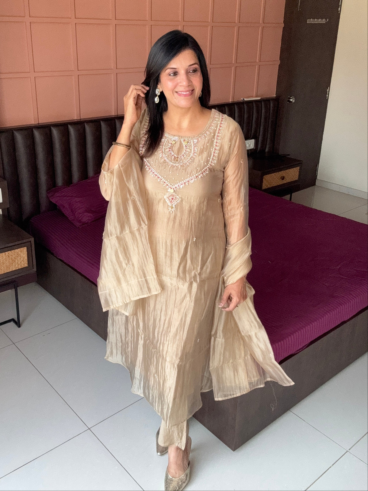 Beige Pearl & Sequin Embroidered A-Line Kurta Pant & Dupatta Set | Crush Tissue