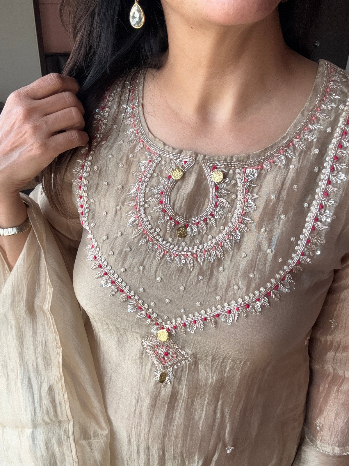 Beige Pearl & Sequin Embroidered A-Line Kurta Pant & Dupatta Set | Crush Tissue