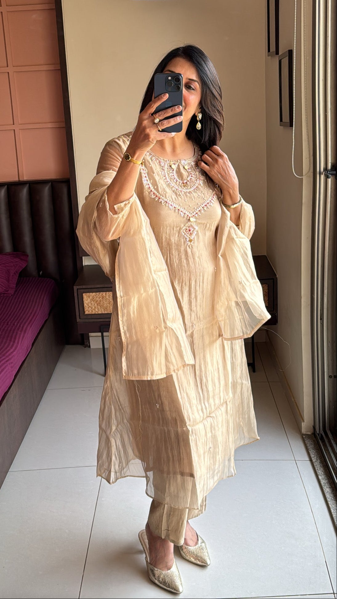 Beige Pearl & Sequin Embroidered A-Line Kurta Pant & Dupatta Set | Crush Tissue