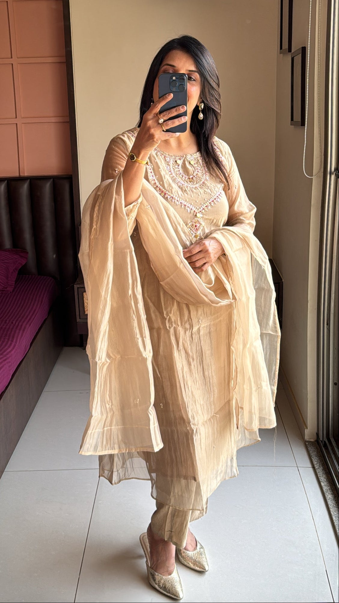 Beige Pearl & Sequin Embroidered A-Line Kurta Pant & Dupatta Set | Crush Tissue
