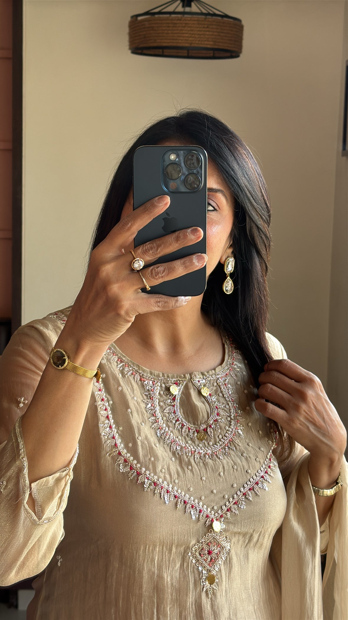 Beige Pearl & Sequin Embroidered A-Line Kurta Pant & Dupatta Set | Crush Tissue