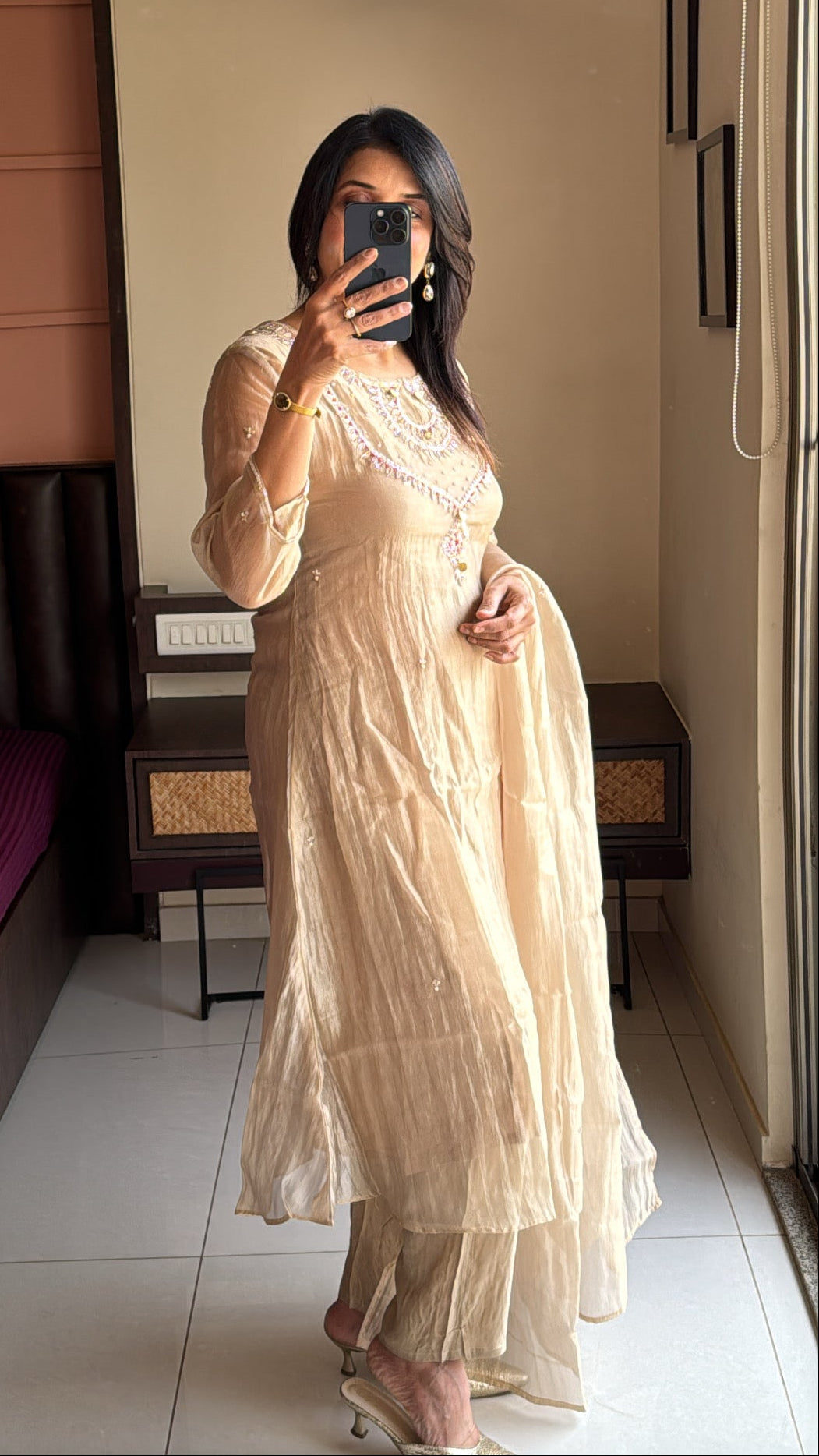 Beige Pearl & Sequin Embroidered A-Line Kurta Pant & Dupatta Set | Crush Tissue
