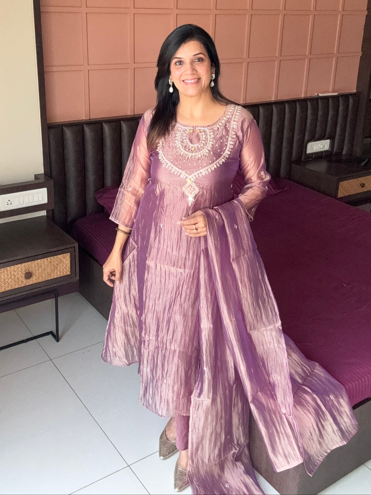 Purple Pearl & Sequin Embroidered A-Line Kurta Pant & Dupatta Set | Crush Tissue