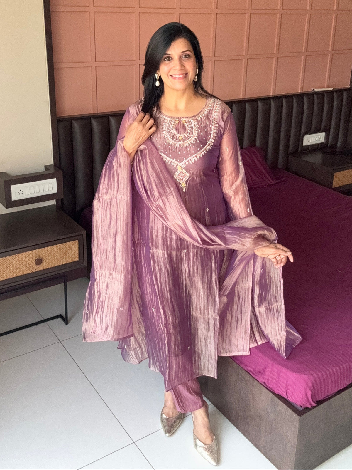 Purple Pearl & Sequin Embroidered A-Line Kurta Pant & Dupatta Set | Crush Tissue