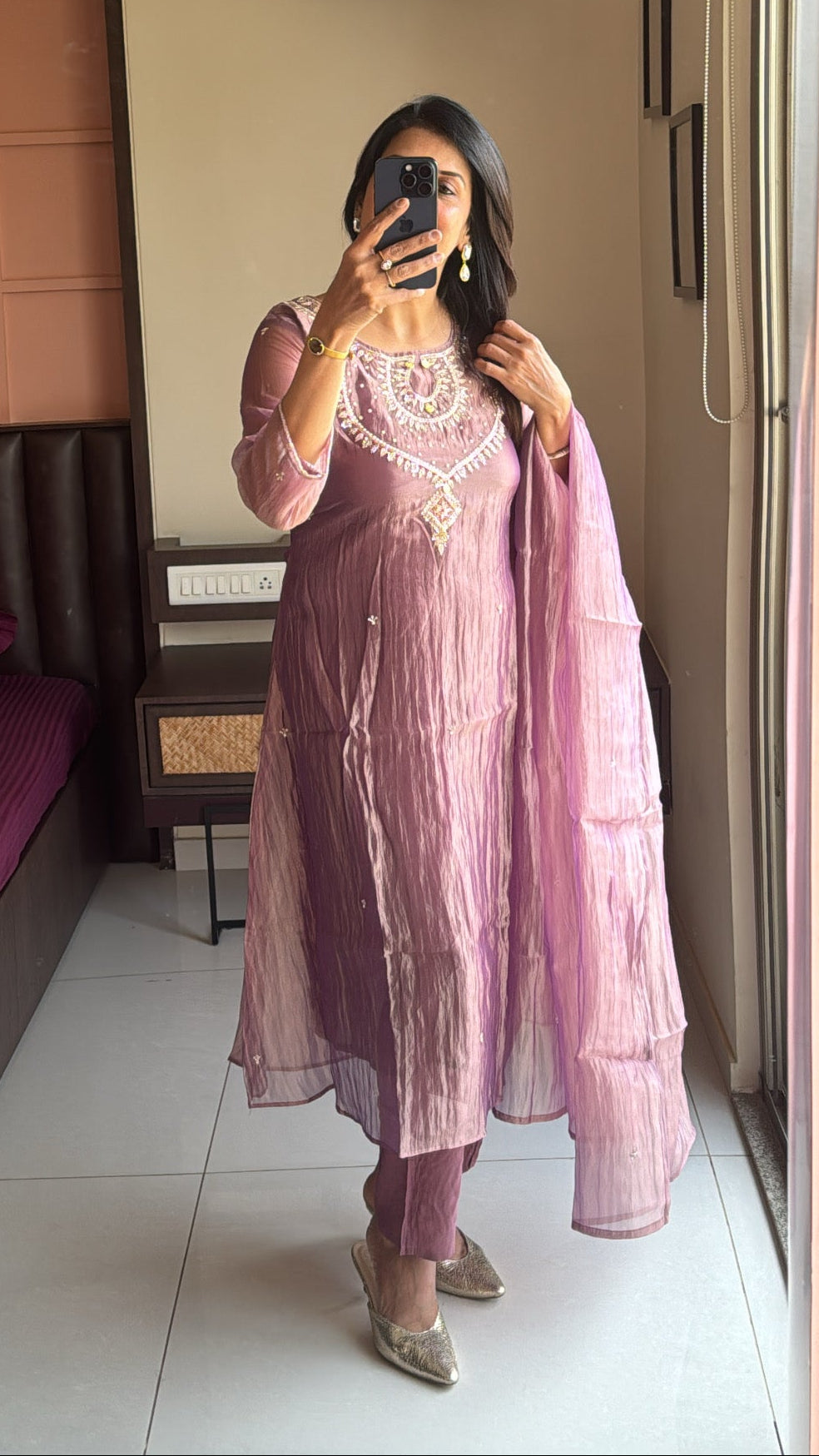 Purple Pearl & Sequin Embroidered A-Line Kurta Pant & Dupatta Set | Crush Tissue