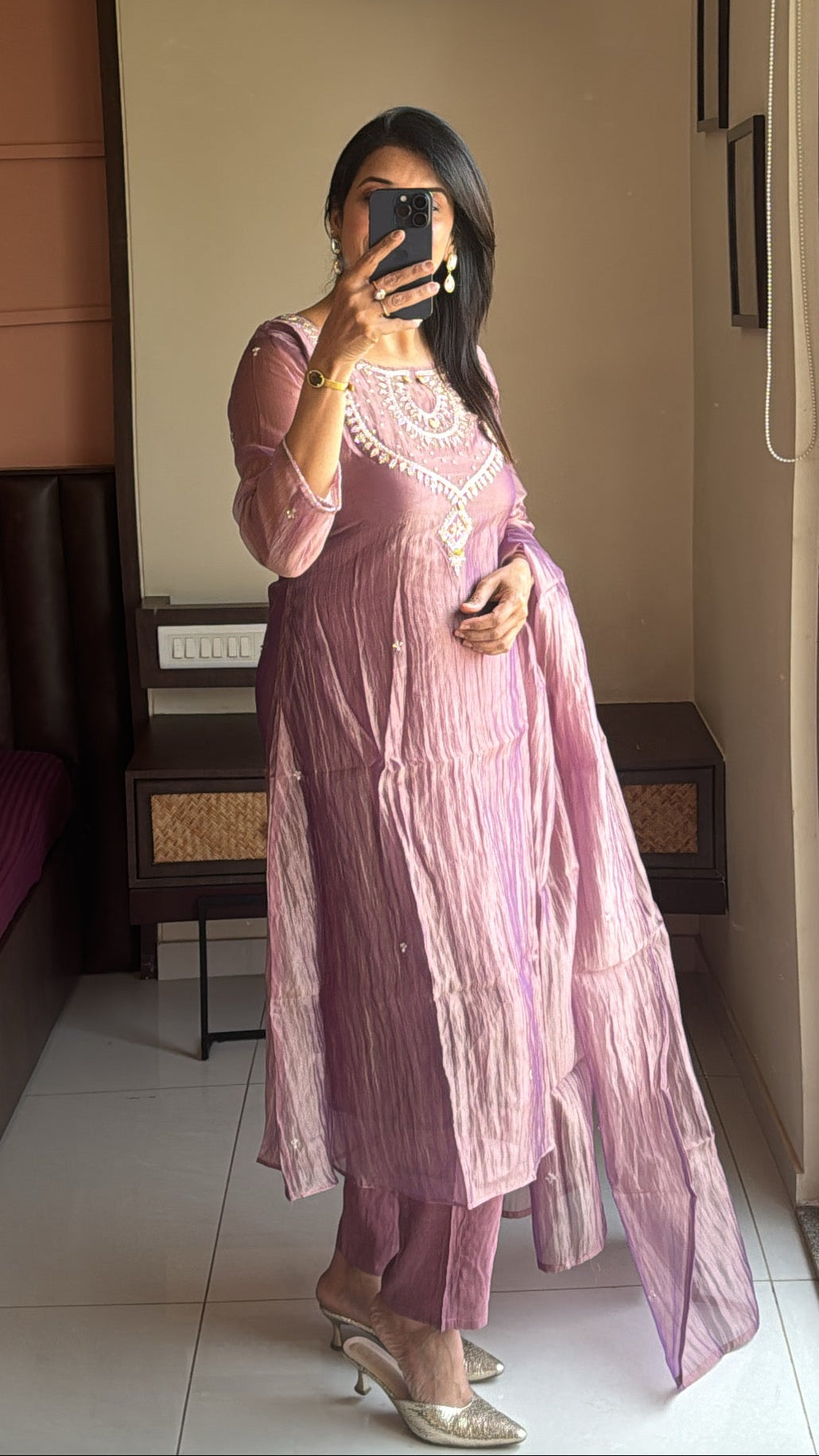 Purple Pearl & Sequin Embroidered A-Line Kurta Pant & Dupatta Set | Crush Tissue