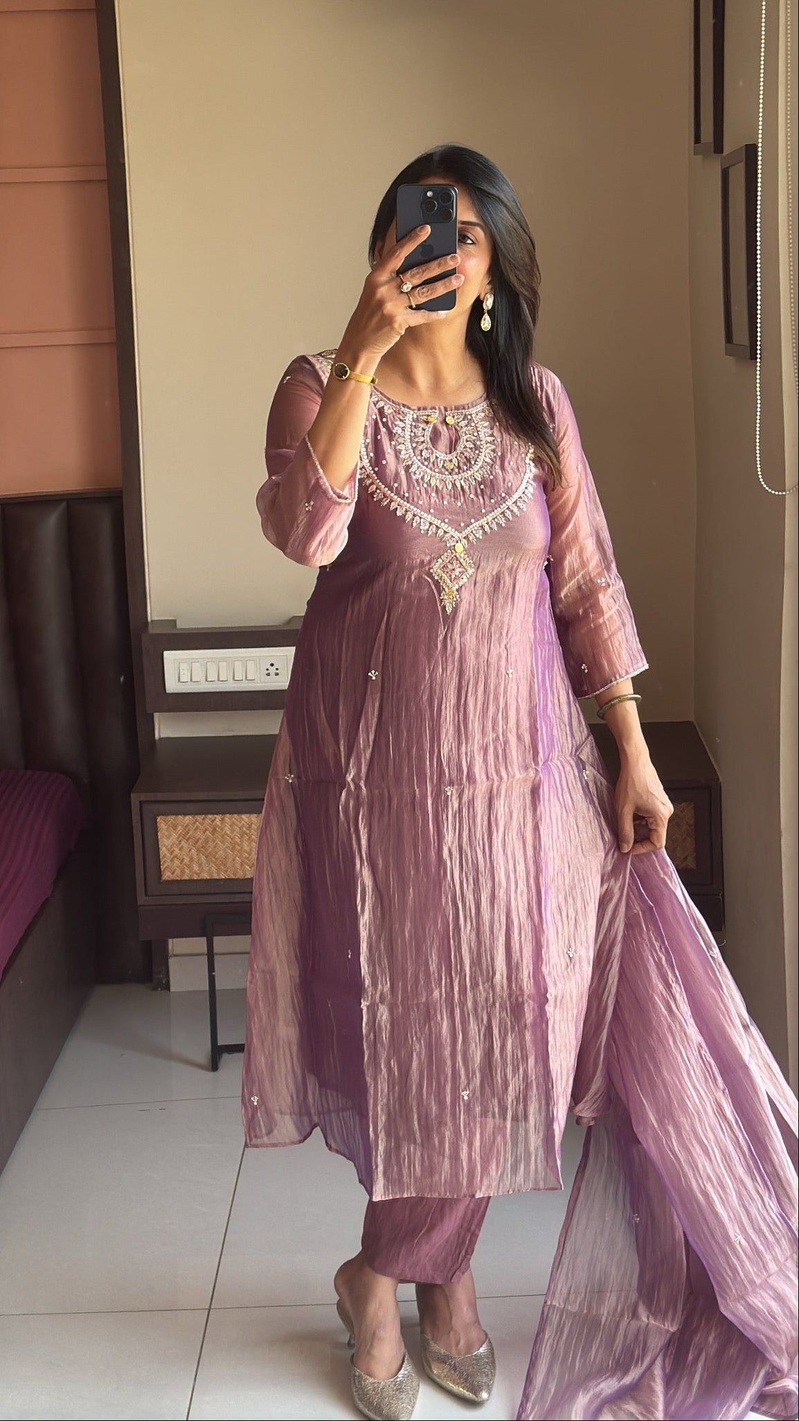 Purple Pearl & Sequin Embroidered A-Line Kurta Pant & Dupatta Set | Crush Tissue