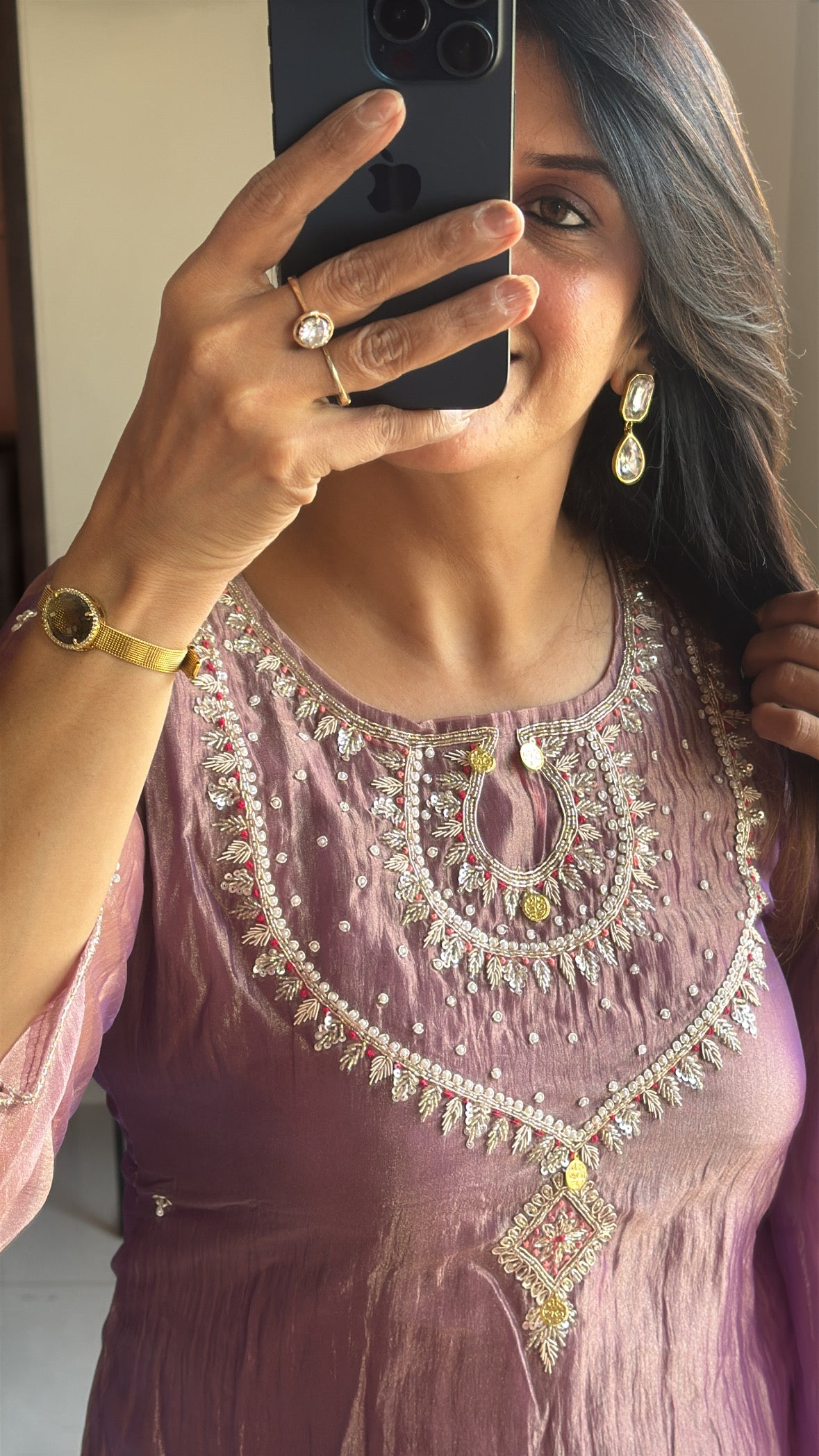 Purple Pearl & Sequin Embroidered A-Line Kurta Pant & Dupatta Set | Crush Tissue
