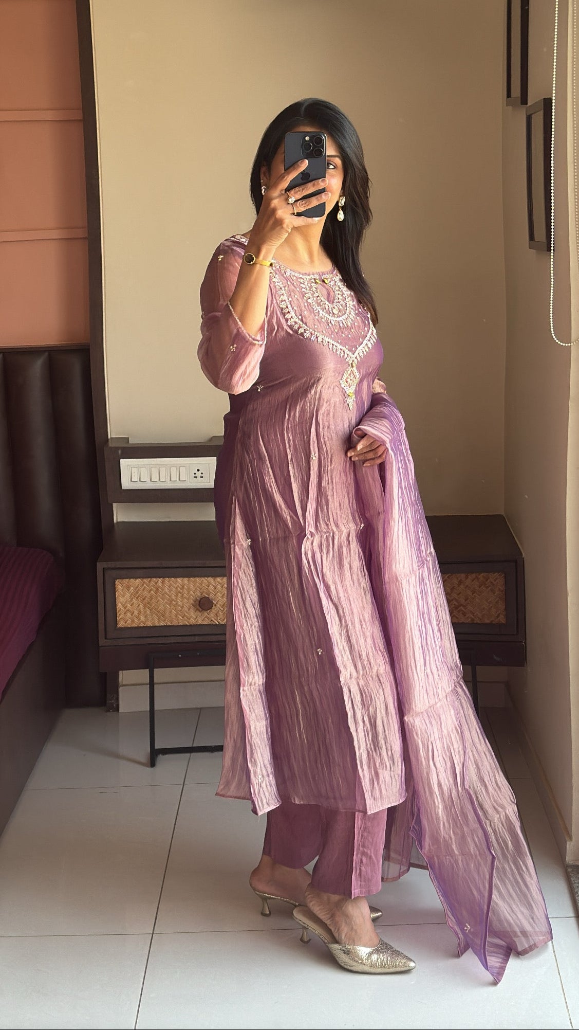 Purple Pearl & Sequin Embroidered A-Line Kurta Pant & Dupatta Set | Crush Tissue
