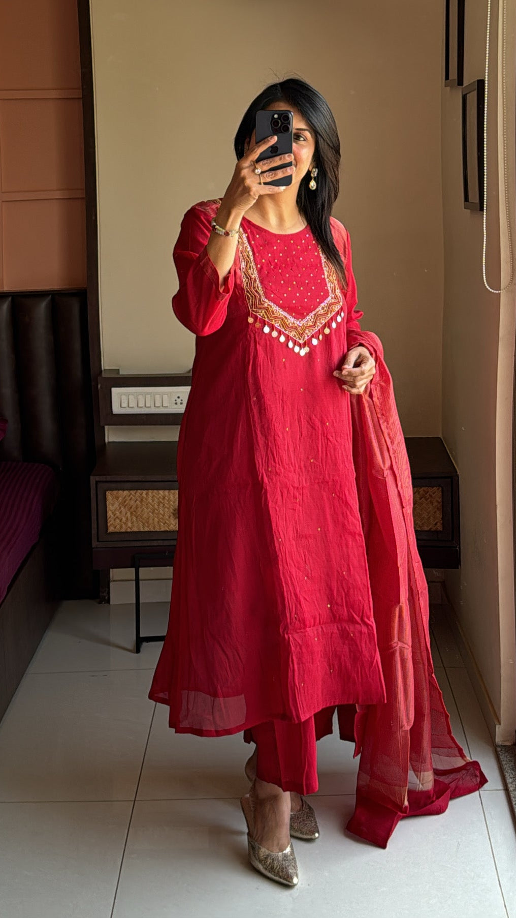 Deep Red – Yoke Embroidered A-Line Kurta Pant Dupatta Set | Muslin Silk