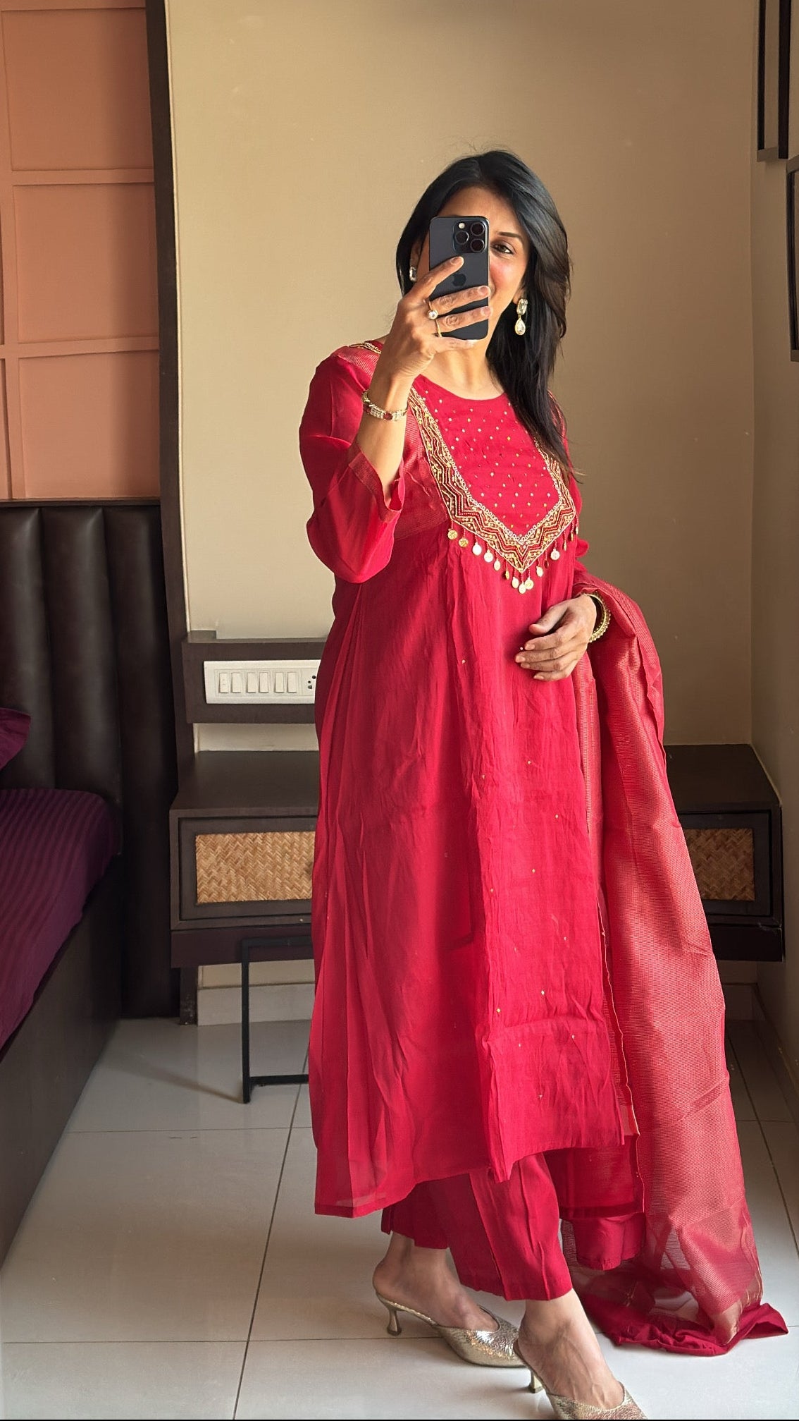 Deep Red – Yoke Embroidered A-Line Kurta Pant Dupatta Set | Muslin Silk