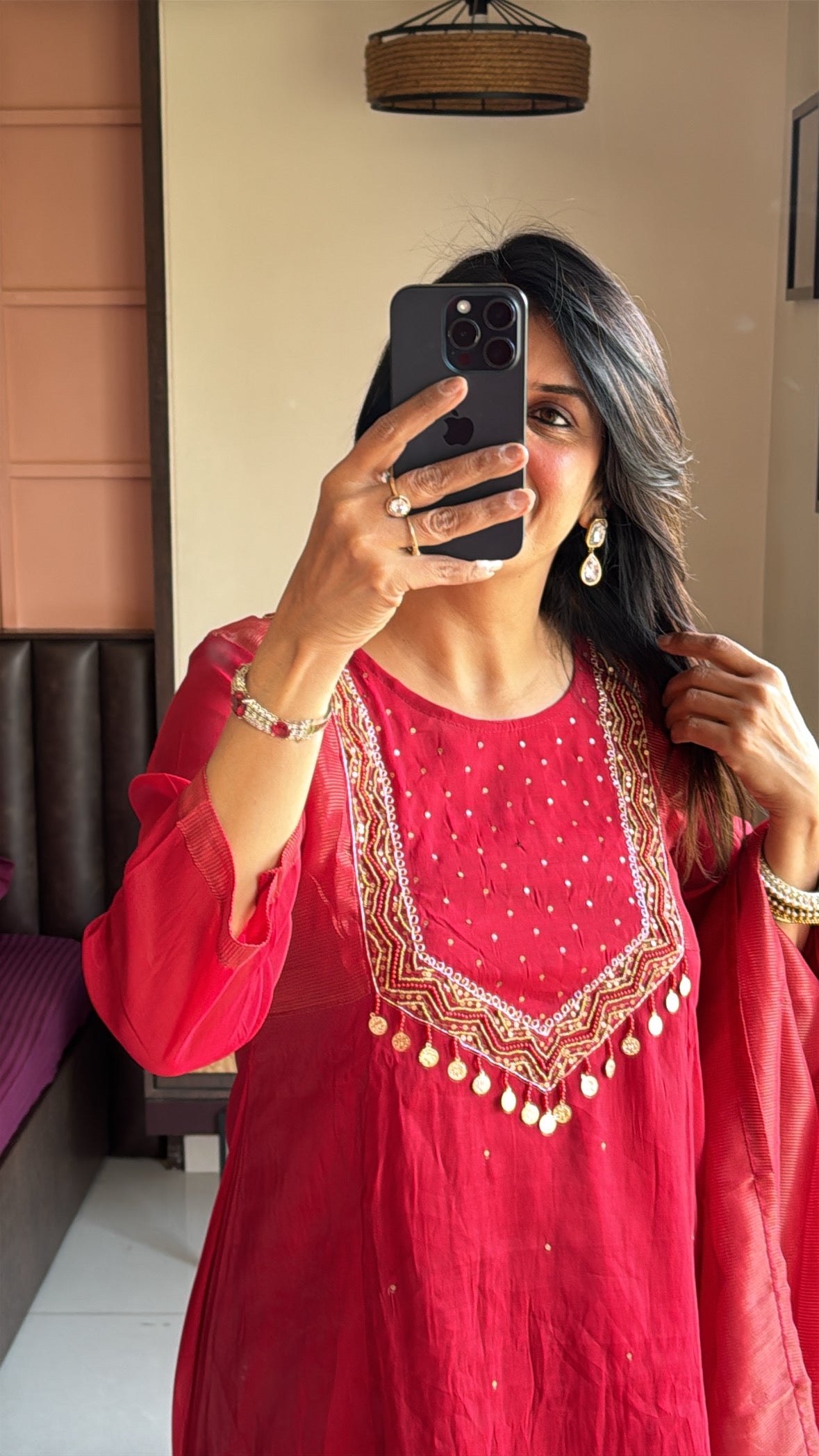 Deep Red – Yoke Embroidered A-Line Kurta Pant Dupatta Set | Muslin Silk