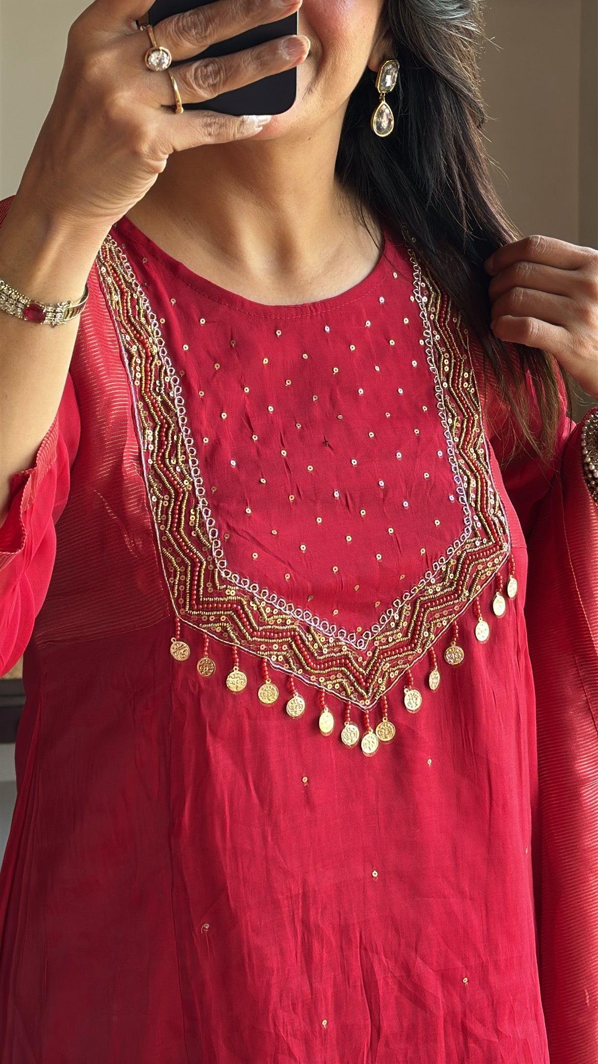 Deep Red – Yoke Embroidered A-Line Kurta Pant Dupatta Set | Muslin Silk