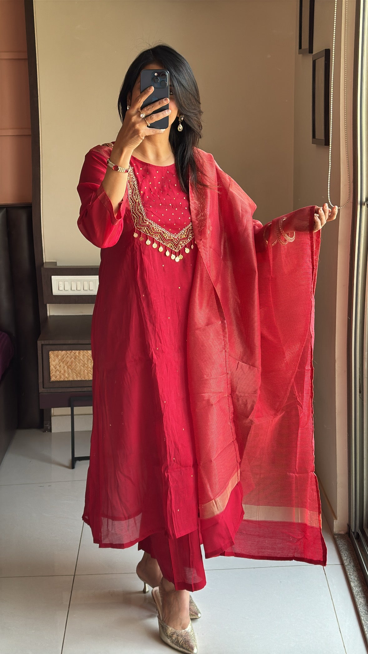 Deep Red – Yoke Embroidered A-Line Kurta Pant Dupatta Set | Muslin Silk