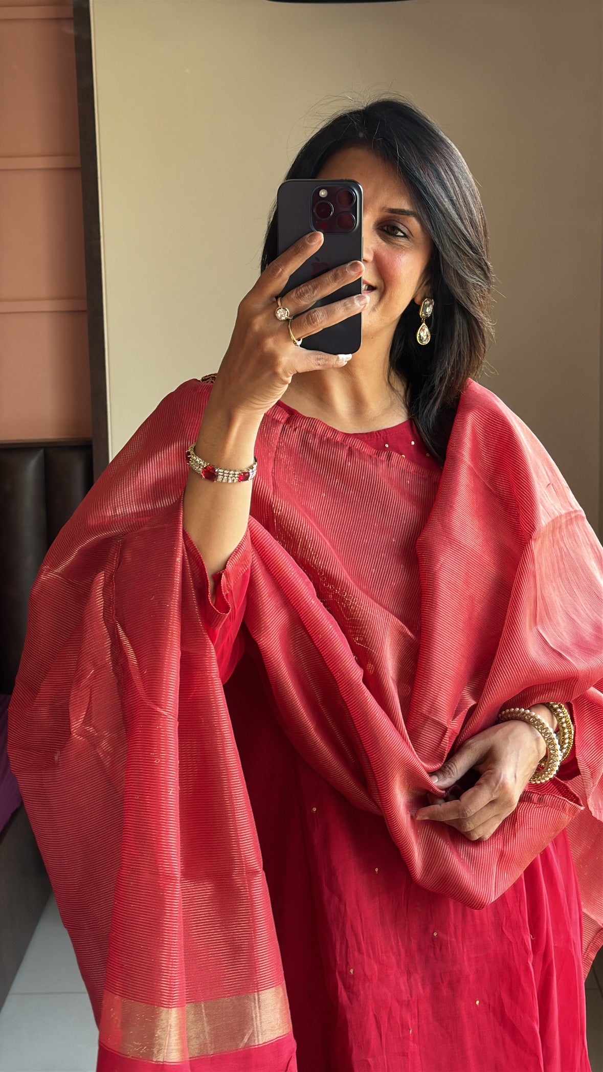 Deep Red – Yoke Embroidered A-Line Kurta Pant Dupatta Set | Muslin Silk
