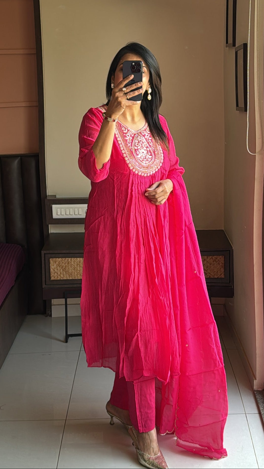 Pink Zardosi Embroidered A-Line Kurta Pant & Dupatta Set | Banarasi Mul Chanderi