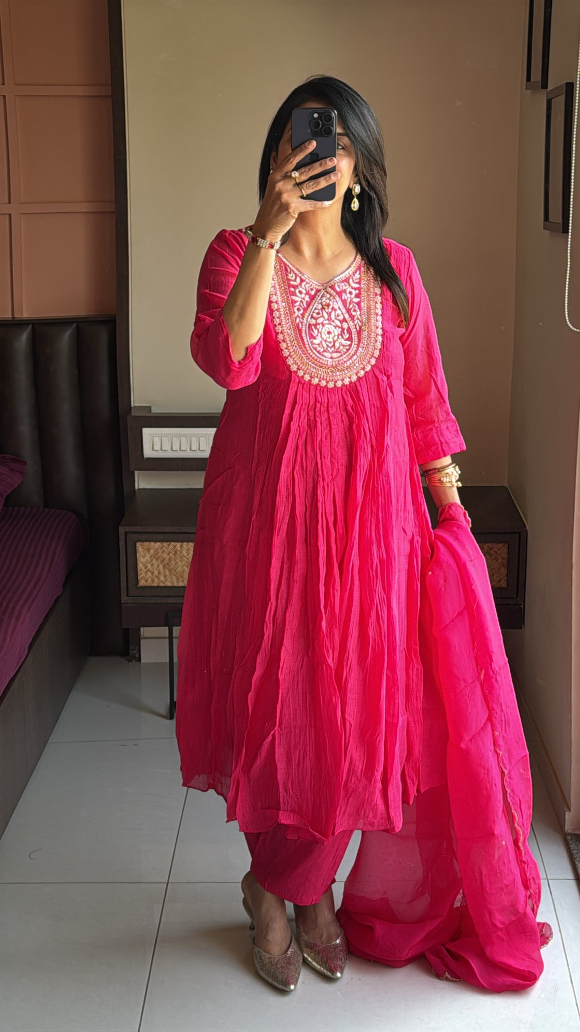 Pink Zardosi Embroidered A-Line Kurta Pant & Dupatta Set | Banarasi Mul Chanderi