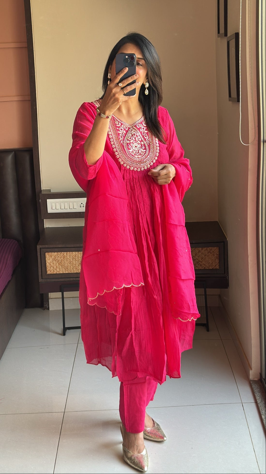 Pink Zardosi Embroidered A-Line Kurta Pant & Dupatta Set | Banarasi Mul Chanderi