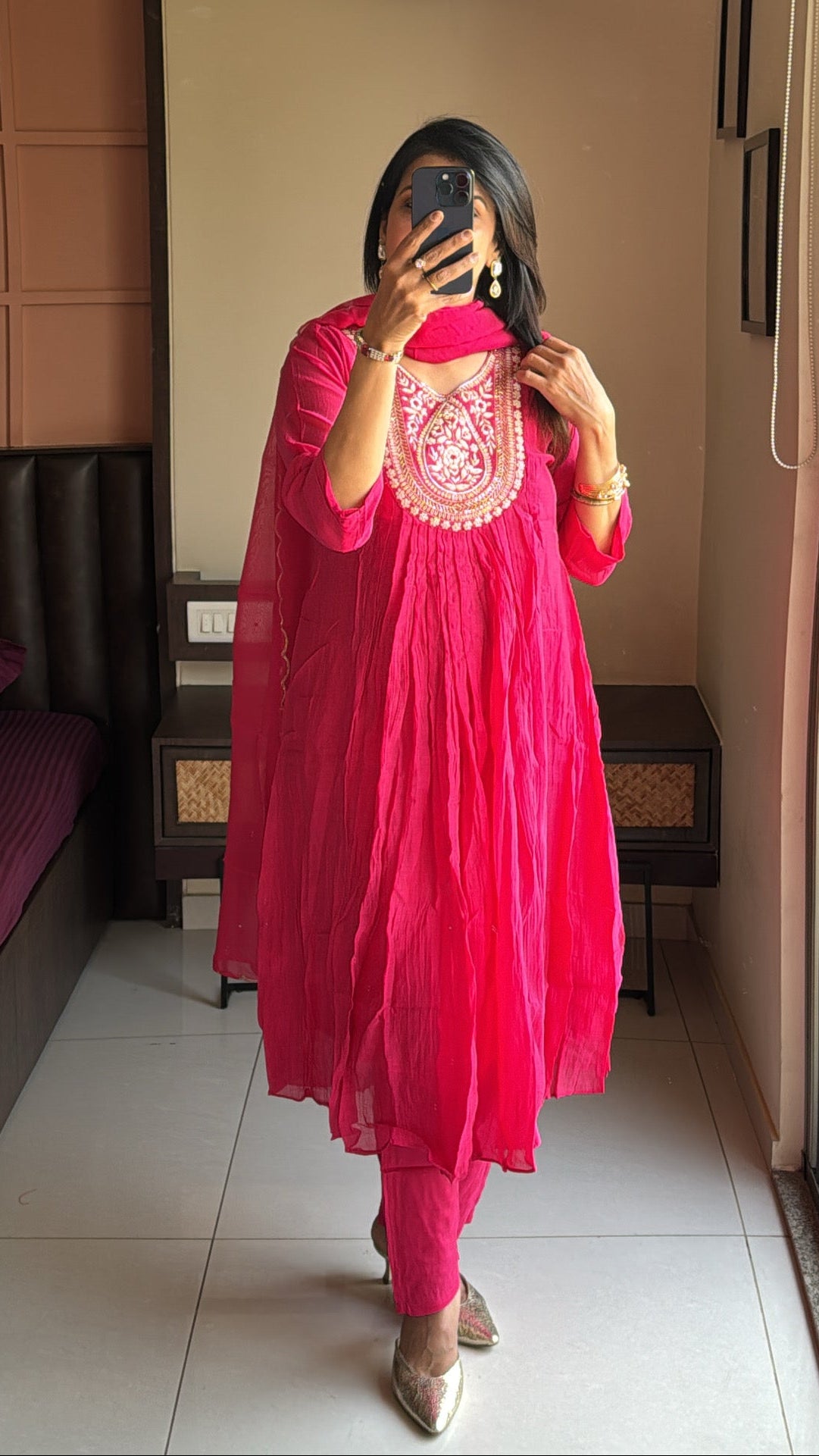 Pink Zardosi Embroidered A-Line Kurta Pant & Dupatta Set | Banarasi Mul Chanderi