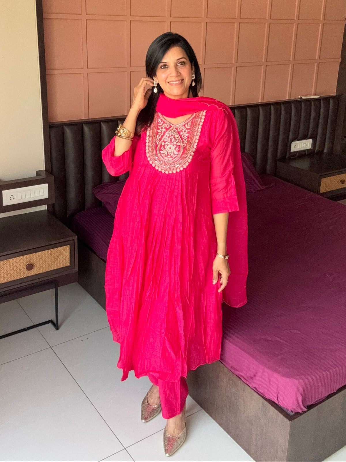 Pink Zardosi Embroidered A-Line Kurta Pant & Dupatta Set | Banarasi Mul Chanderi