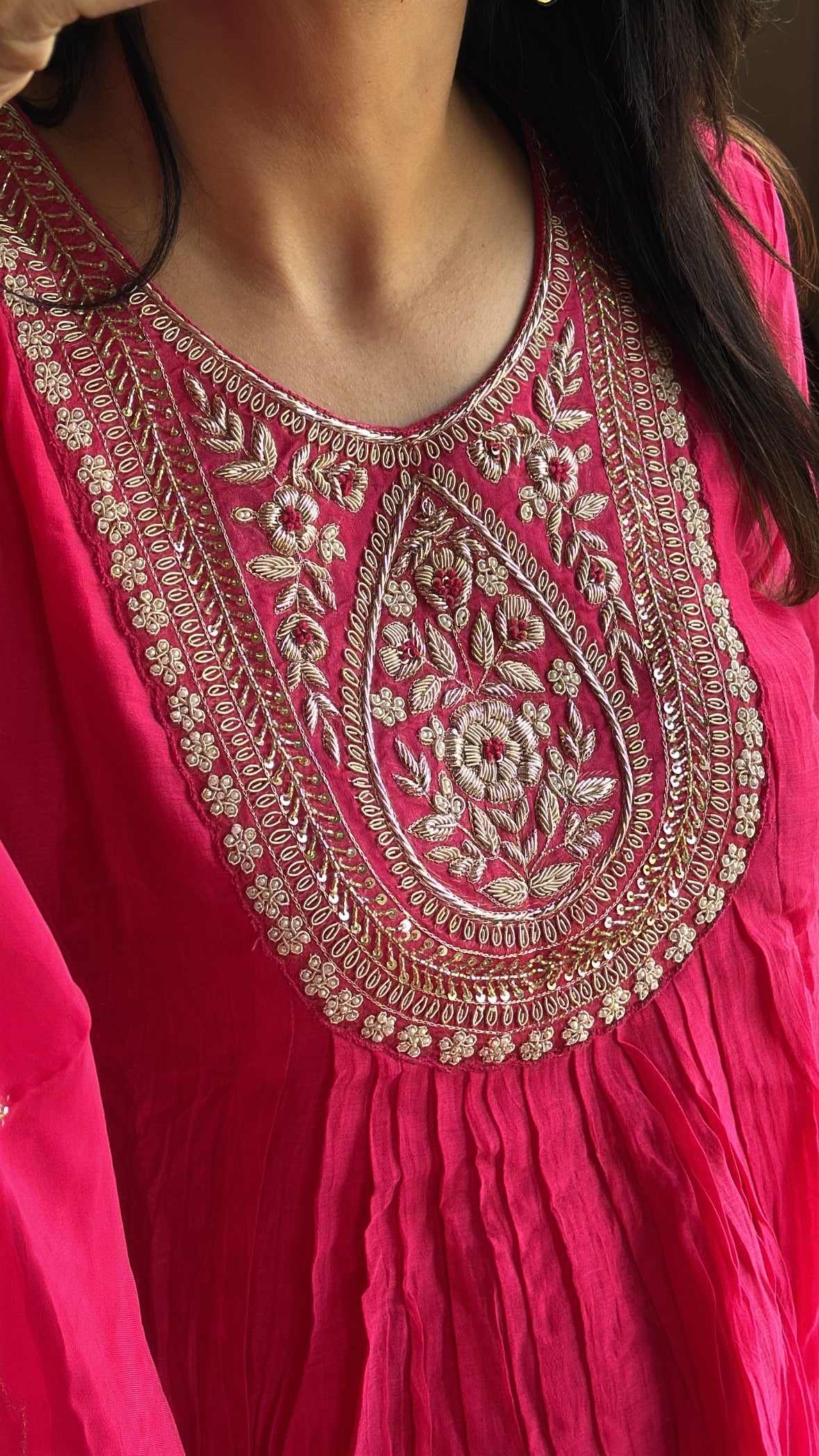 Pink Zardosi Embroidered A-Line Kurta Pant & Dupatta Set | Banarasi Mul Chanderi