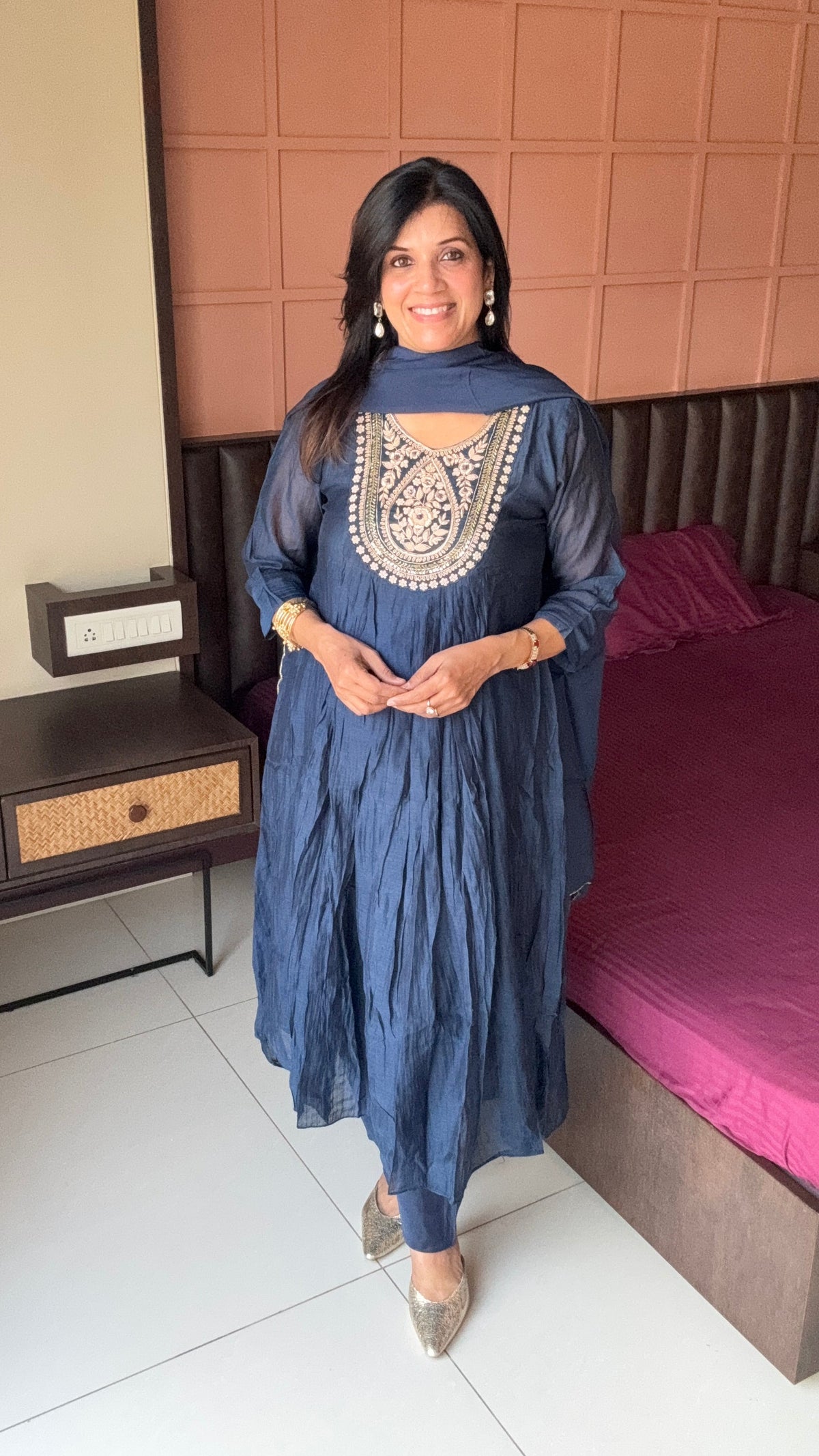 Navy blue Zardosi Embroidered A-Line Kurta Pant & Dupatta Set | Banarasi Mul Chanderi