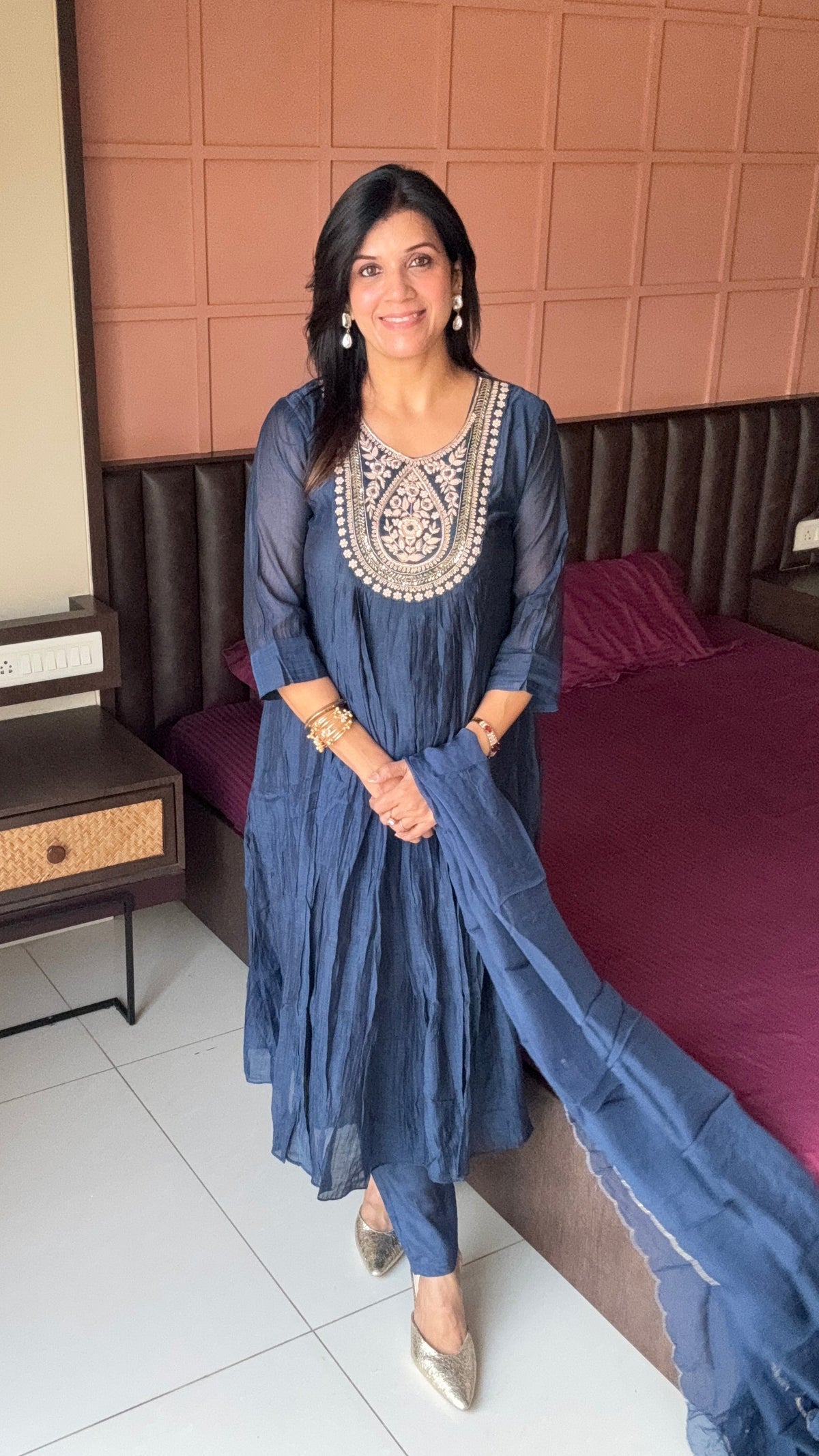 Navy blue Zardosi Embroidered A-Line Kurta Pant & Dupatta Set | Banarasi Mul Chanderi