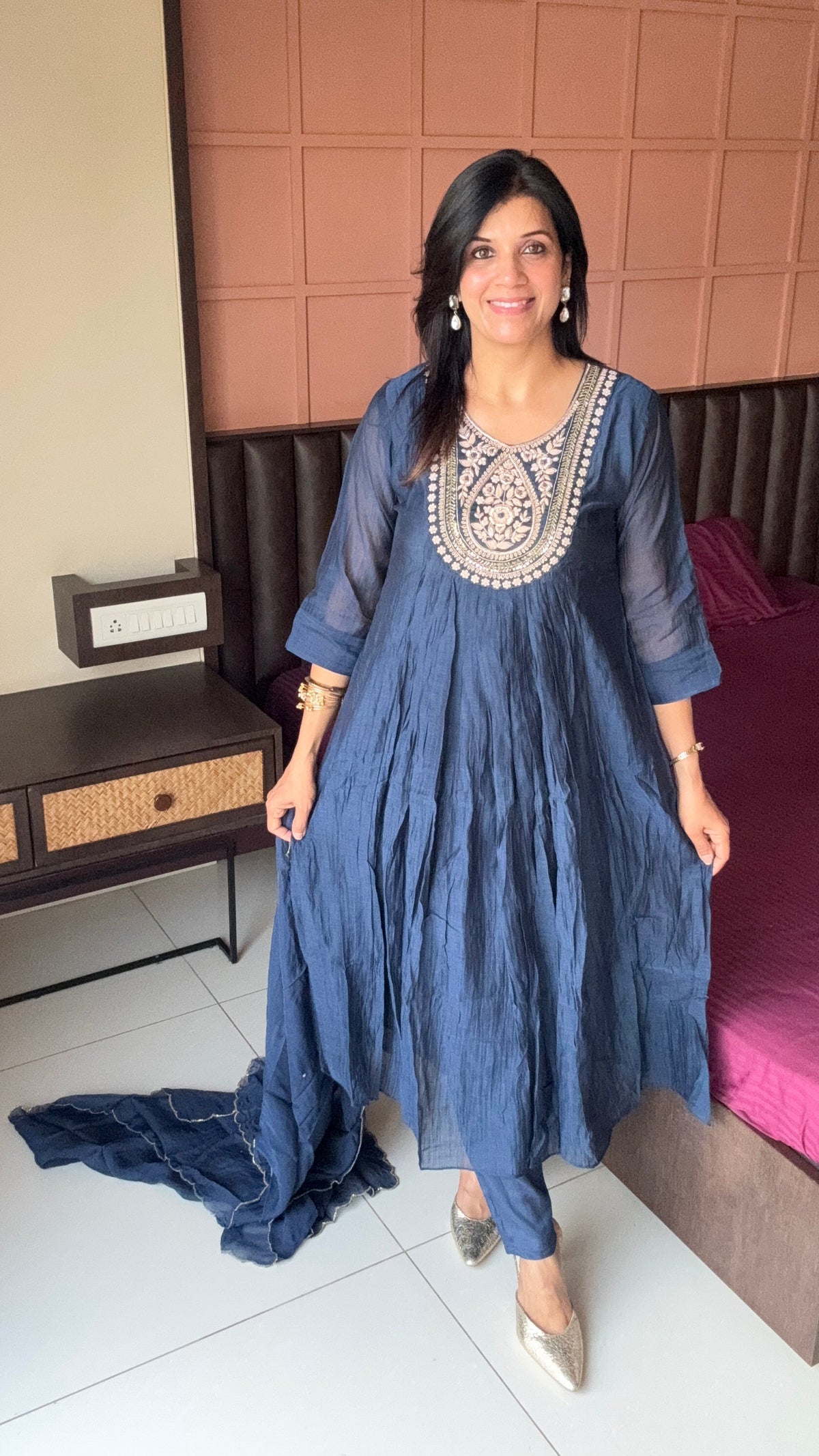 Navy blue Zardosi Embroidered A-Line Kurta Pant & Dupatta Set | Banarasi Mul Chanderi