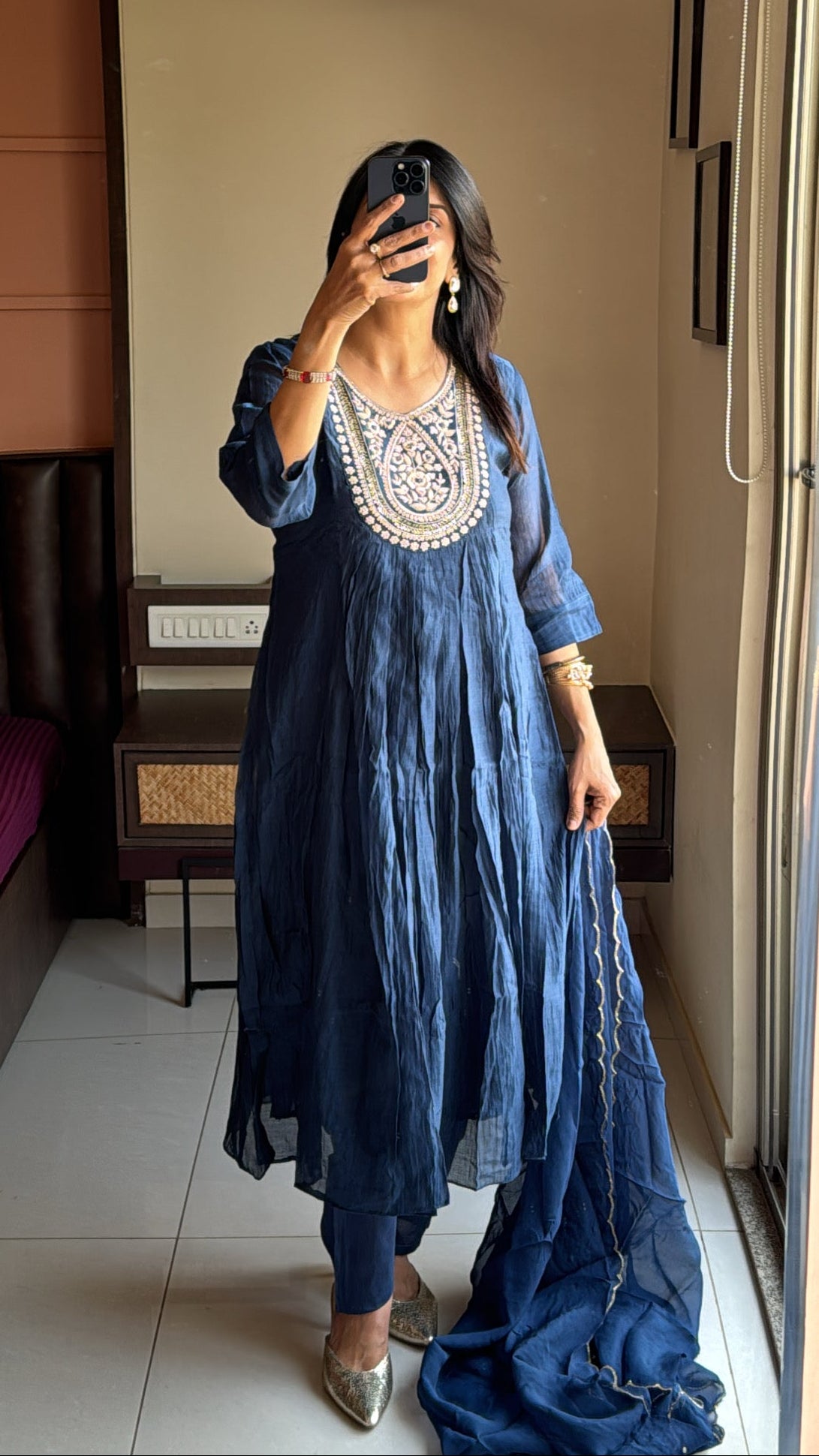 Navy blue Zardosi Embroidered A-Line Kurta Pant & Dupatta Set | Banarasi Mul Chanderi