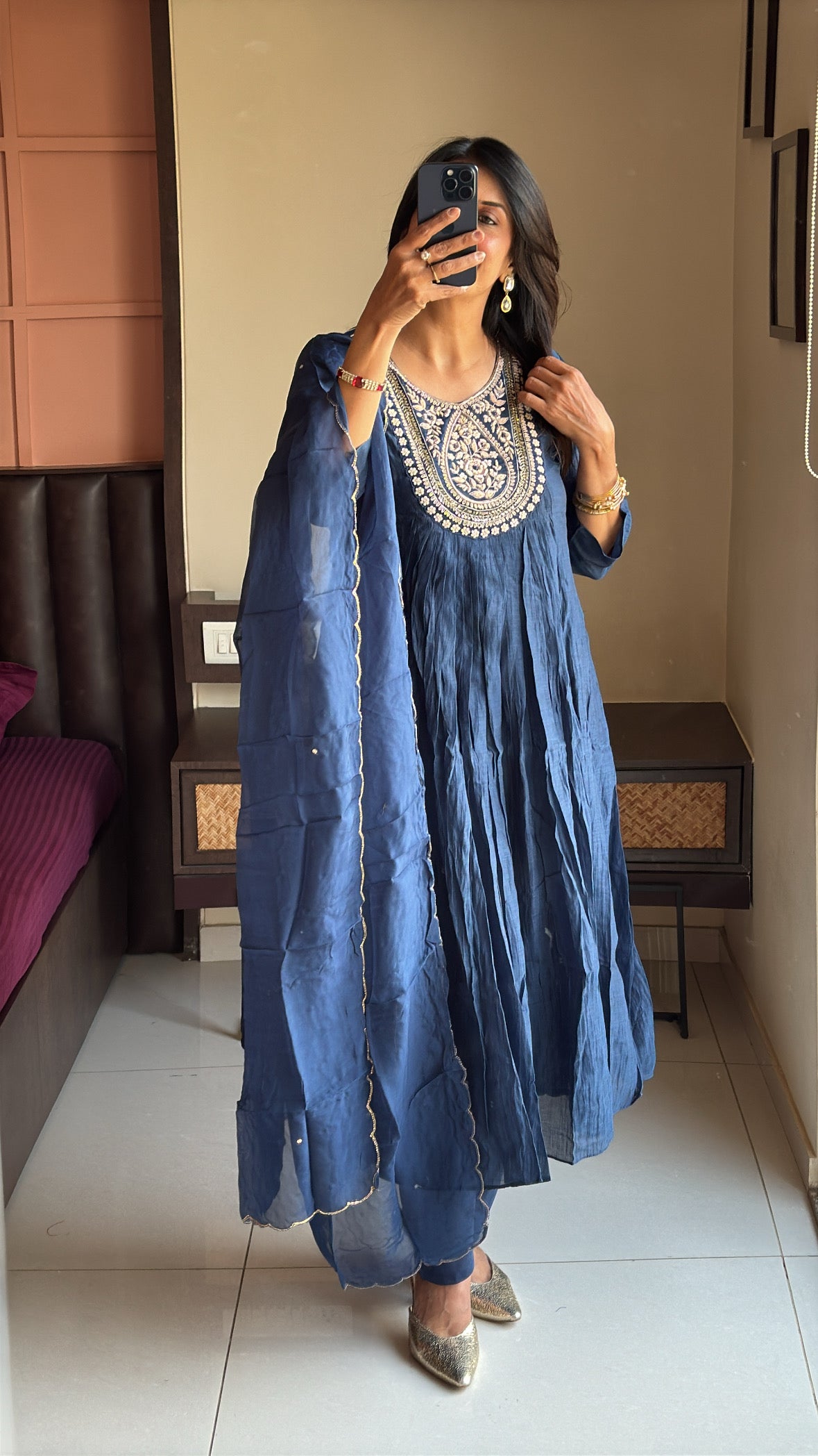 Navy blue Zardosi Embroidered A-Line Kurta Pant & Dupatta Set | Banarasi Mul Chanderi