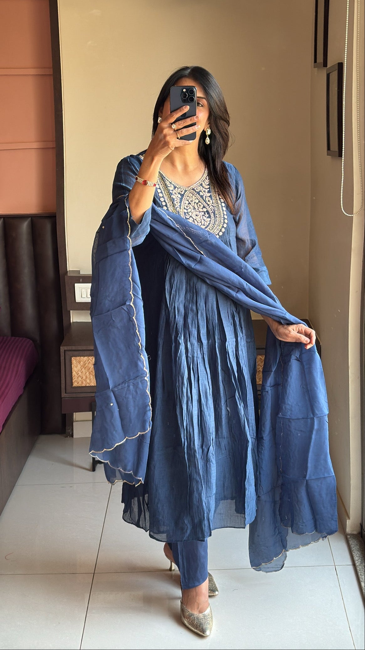 Navy blue Zardosi Embroidered A-Line Kurta Pant & Dupatta Set | Banarasi Mul Chanderi