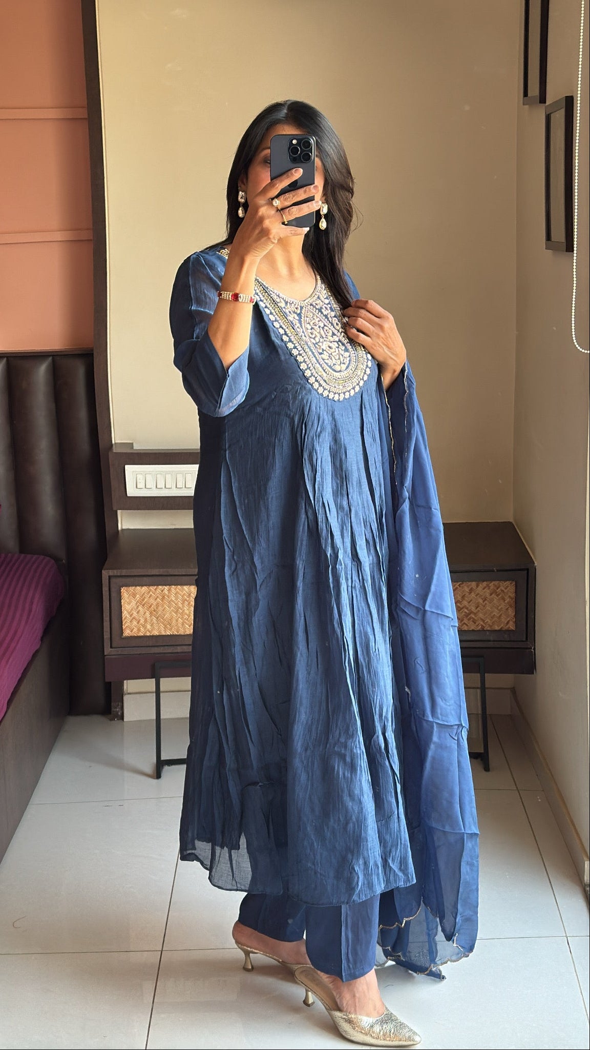 Navy blue Zardosi Embroidered A-Line Kurta Pant & Dupatta Set | Banarasi Mul Chanderi