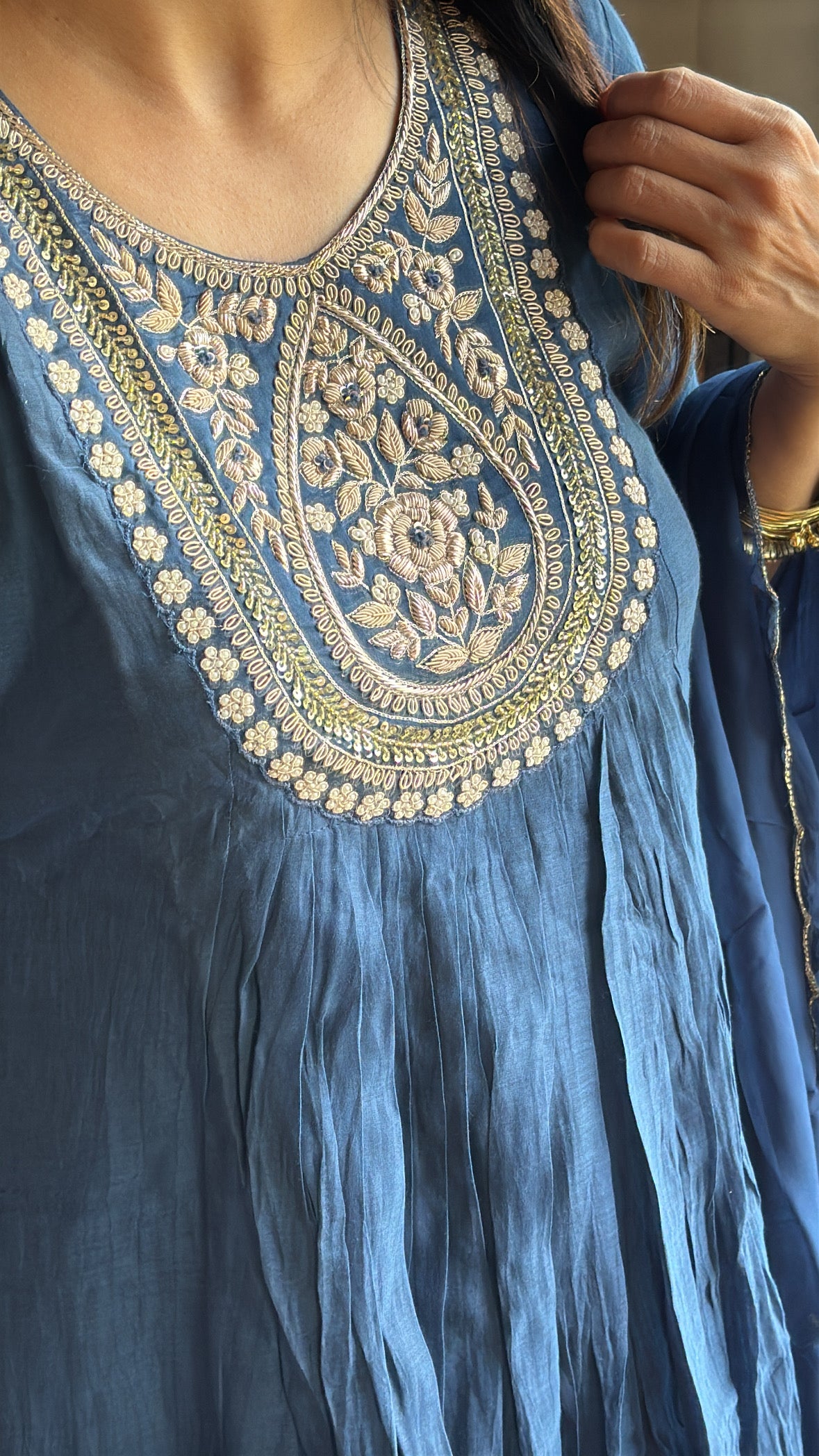 Navy blue Zardosi Embroidered A-Line Kurta Pant & Dupatta Set | Banarasi Mul Chanderi